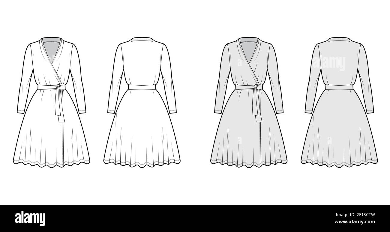 Wrap dress technical fashion illustration with deep V-neck, long ...