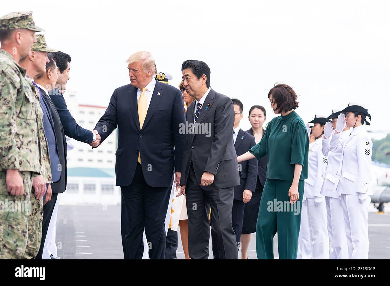 President Donald Trump joined by the Prime Minister of Japan Shinzo Abe arrive aboard the JS Kaga Tuesday May 28 2019 in Yokosuka Japan. Stock Photo