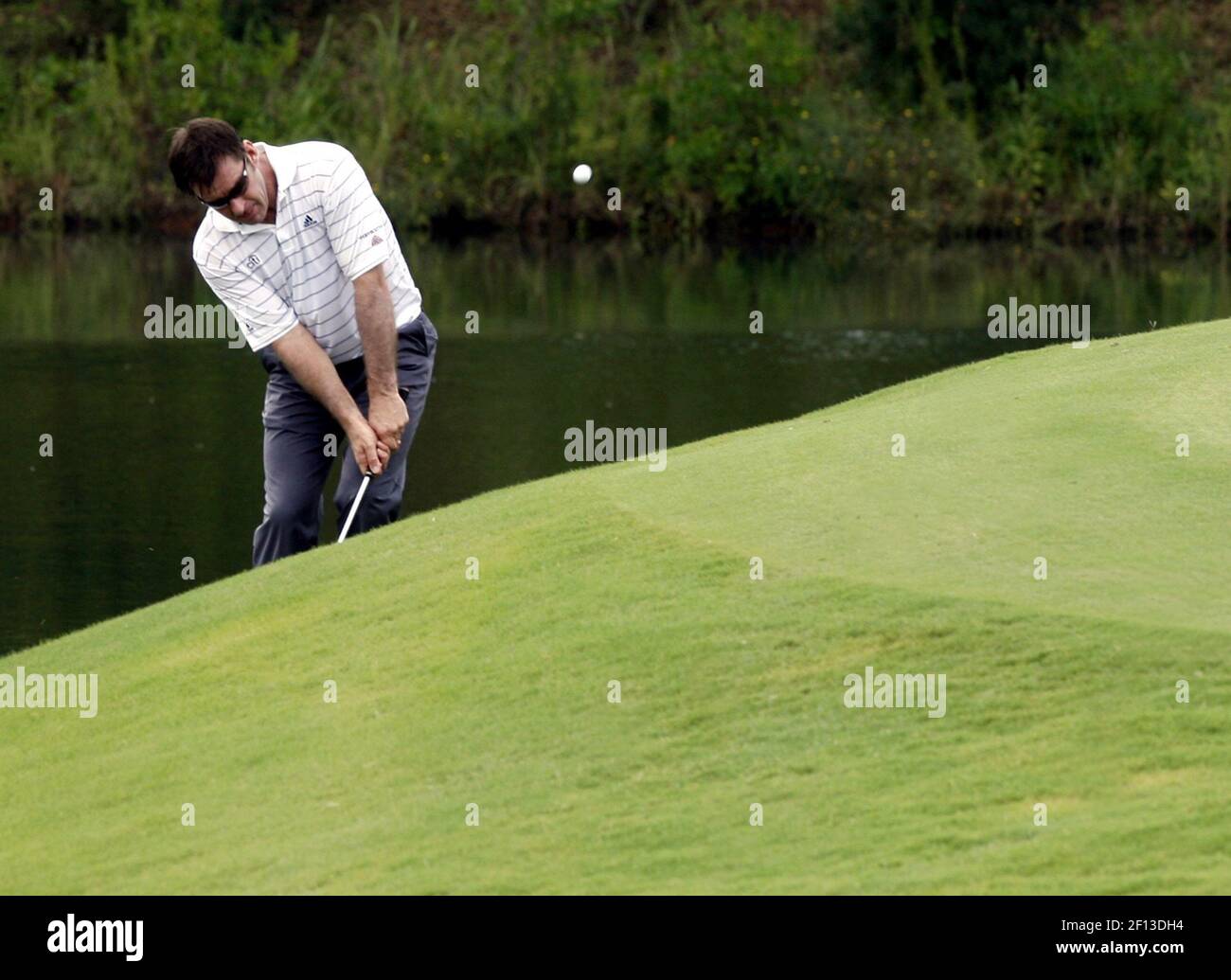 Nick Faldo chips on to the green during a challenge game against Paul