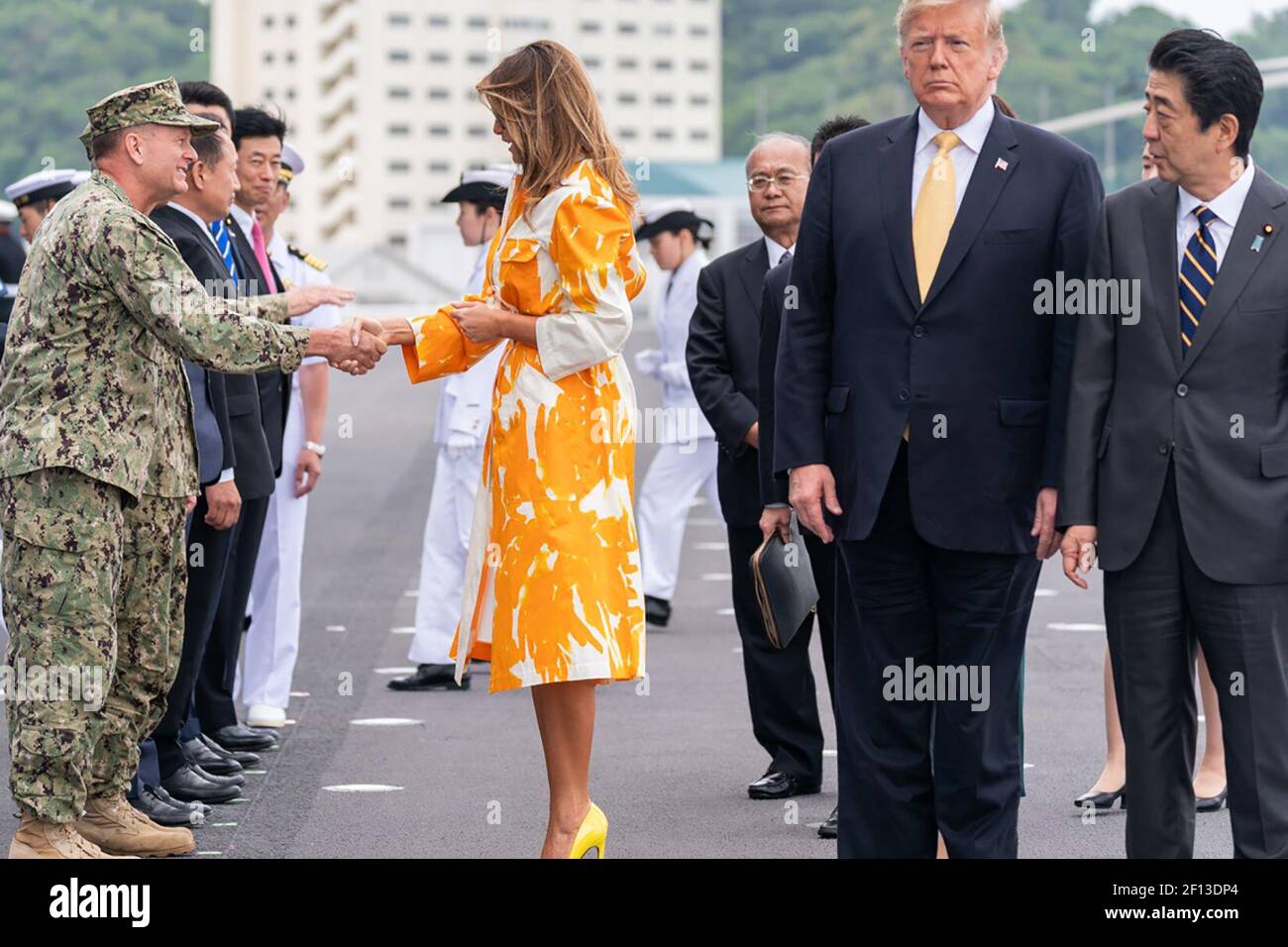 First Lady Melania Trump greets guests and officials aboard the JS Kaga Tuesday May 28 2019 in Yokosuka Japan. Stock Photo