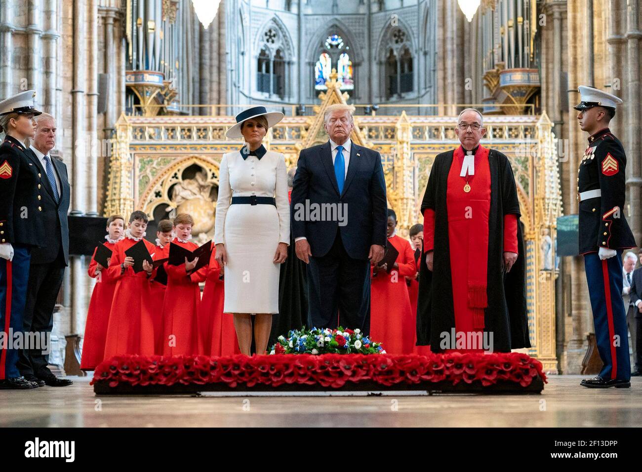 President Donald Trump and First Lady Melania Trump participate in a wreath laying ceremony at the Tomb of the Unknown Warrior Monday June 3 2019 at Westminster Abbey in London. Stock Photo