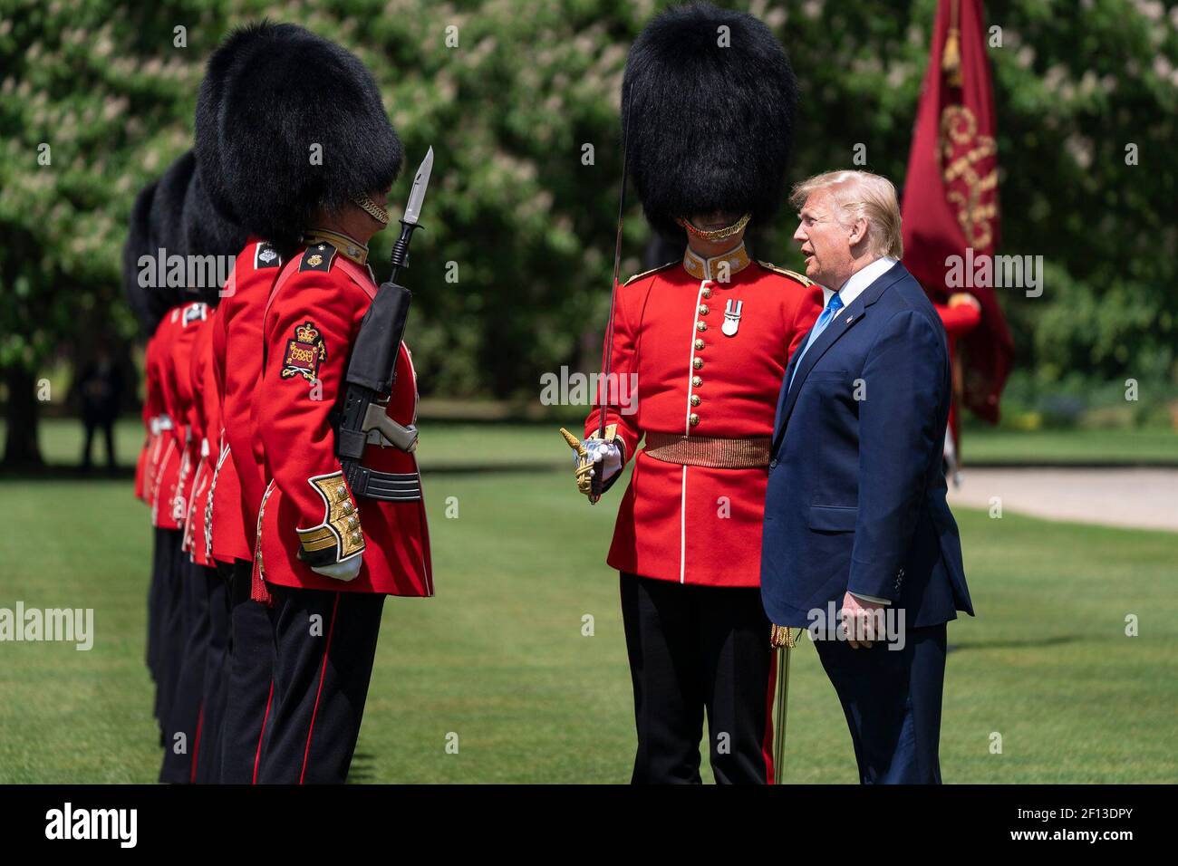 President Donald Trump inspects the Guard of Honor during the Official Welcome Ceremony at Buckingham Palace Monday June 3 2019 in London. Stock Photo
