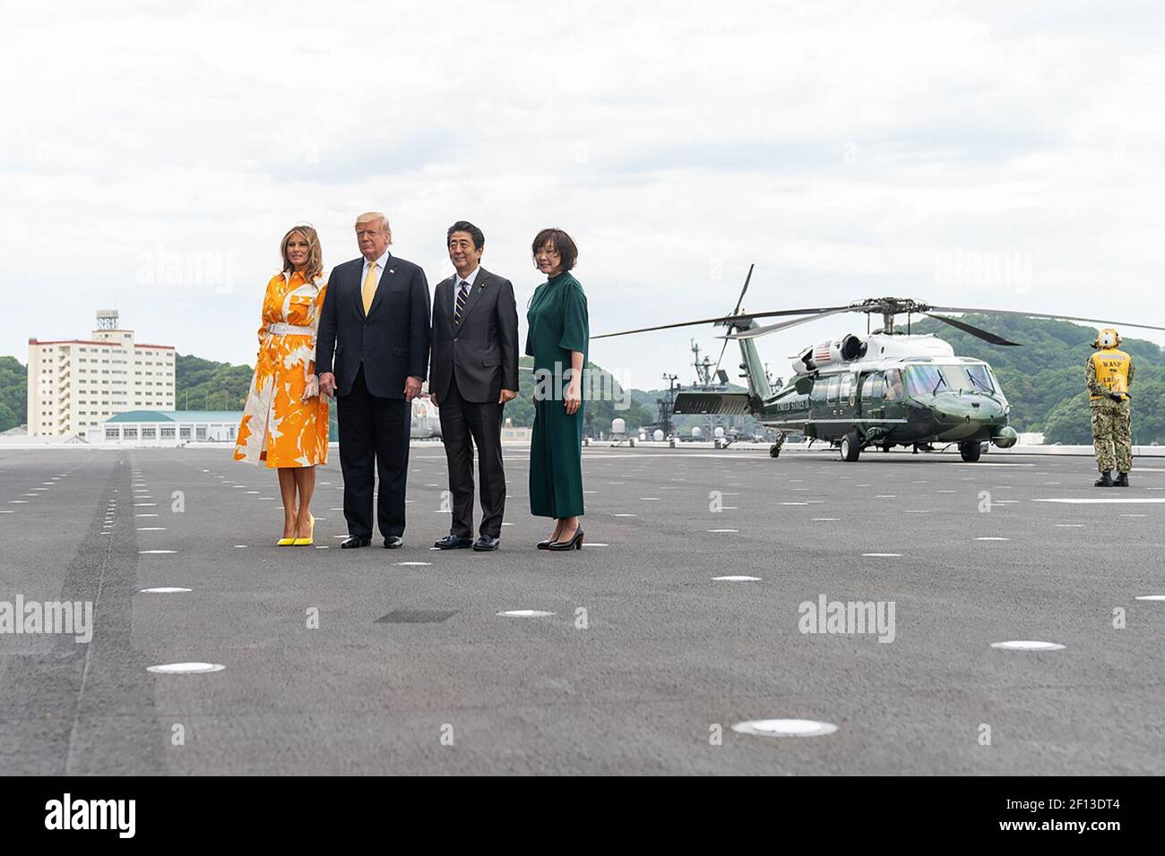President Donald Trump First Lady Melania Trump the Prime Minister of Japan Shinzo Abe and his wife Mrs. Akie Abe pose for a photo aboard the JS Kaga Tuesday May 28 2019 in Yokosuka Japan. Stock Photo