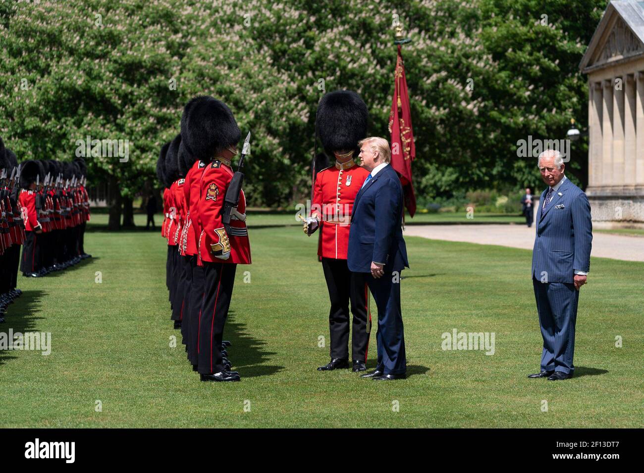 President Donald Trump joined by the Prince Charles inspects the Guard of Honor during the official welcome ceremony at Buckingham Palace Monday June 3 2019 in London. Stock Photo