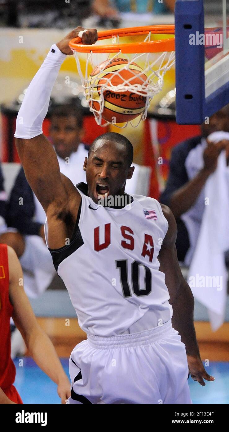 USA s Kobe Bryant 10 dunks the ball in the second half of their opening round contest at Olympic Basketball Stadium in the Games of the XXIX Olympiad in Beijing China Sunday August