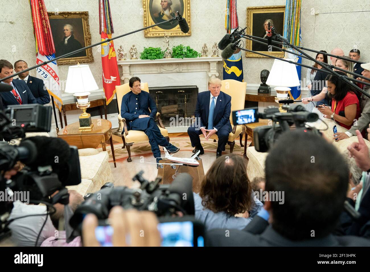 President Donald Trump joined by Prime Minister Imran Khan of the Islamic Republic of Pakistan speaks with reporters during their bilateral meeting Monday July 22 2019 in the Oval Office of the White House. Stock Photo