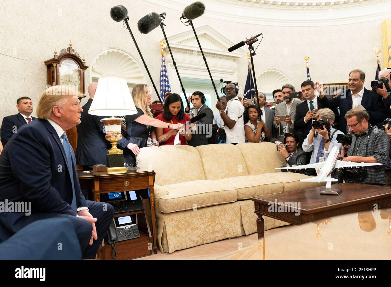 President Donald Trump joined by Prime Minister Imran Khan of the Islamic Republic of Pakistan speaks with reporters during their bilateral meeting Monday July 22 2019 in the Oval Office of the White House. Stock Photo