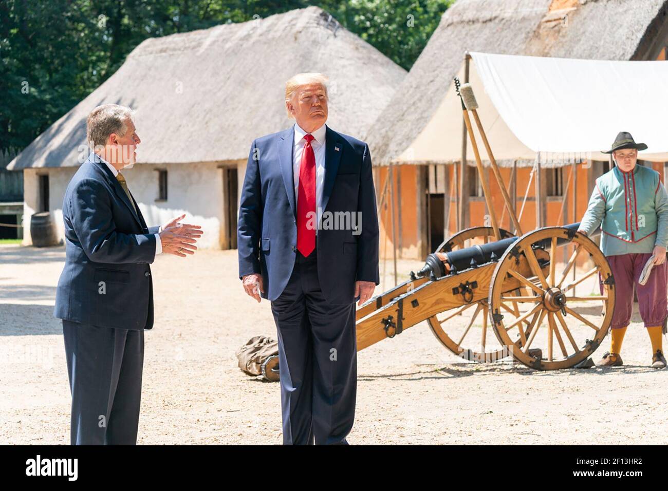 President Donald Trump tours the James Fort Replica with Philip Emerson Executive Director of the James-Yorktown Foundation Inc. Tuesday July 30 2019 at Jamestown Settlement Museum in Williamsburg Va. Stock Photo