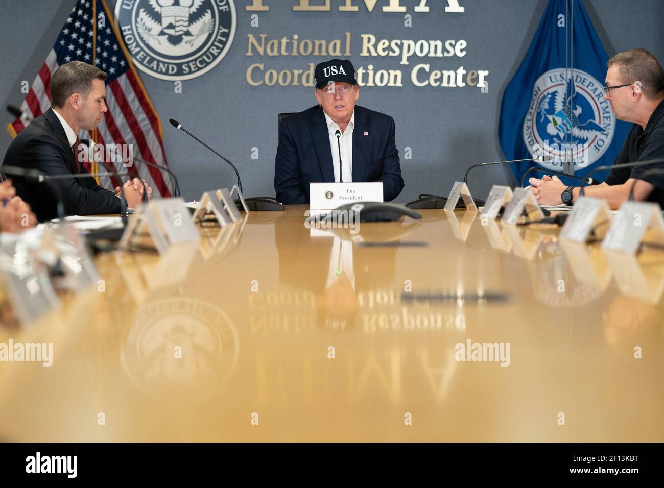President Donald Trump joined by Acting Secretary of the Department of Homeland Security Kevin McAleenan and Acting FEMA Administrator Pete Gaynor attends a briefing Sunday Sept. 1 2019 on the current directional forecast of Hurricane Dorian at the Federal Emergency Management Agency (FEMA) headquarters in Washington D.C. Stock Photo