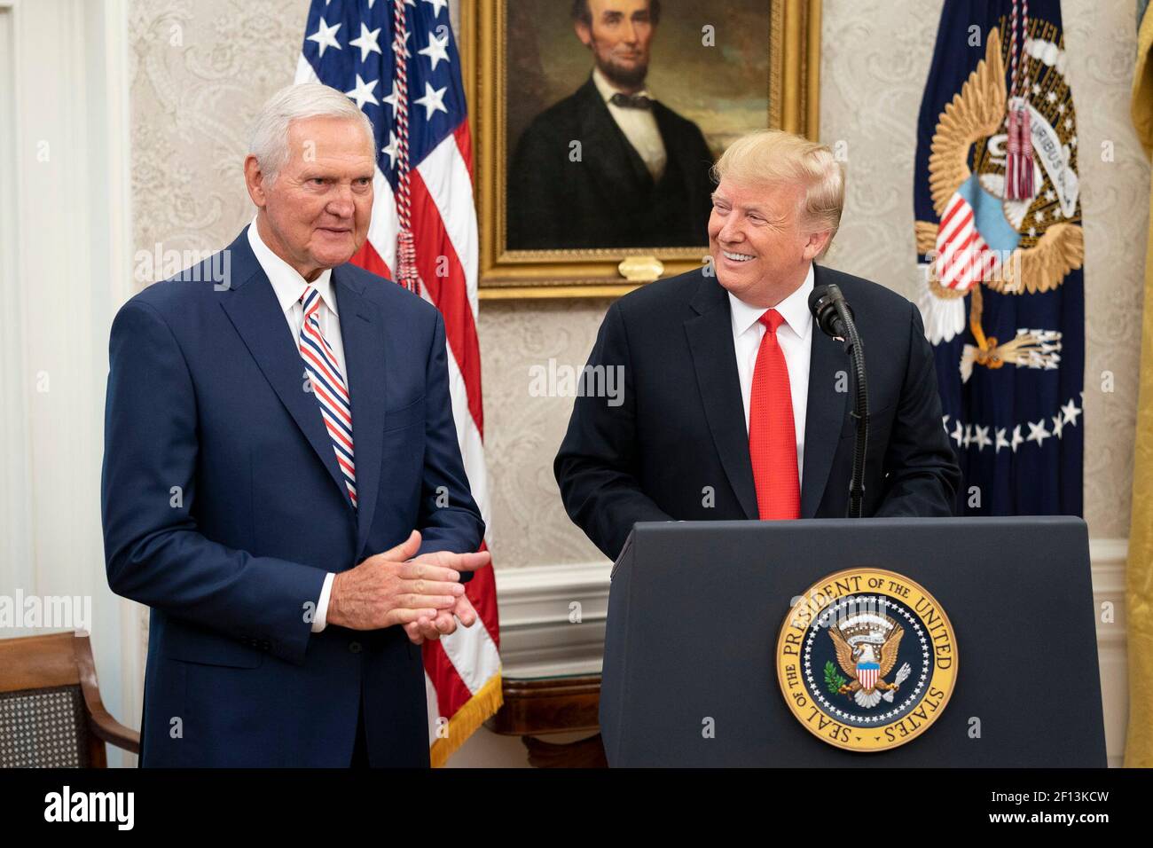 President Donald Trump delivers remarks prior to awarding the Presidential Medal of Freedom the nation's highest civilian honor to Hall of Fame Los Angeles Lakers basketball star and legendary NBA General Manager Jerry West Thursday Sept. 5 2019 in the Oval Office of the White House. Stock Photo