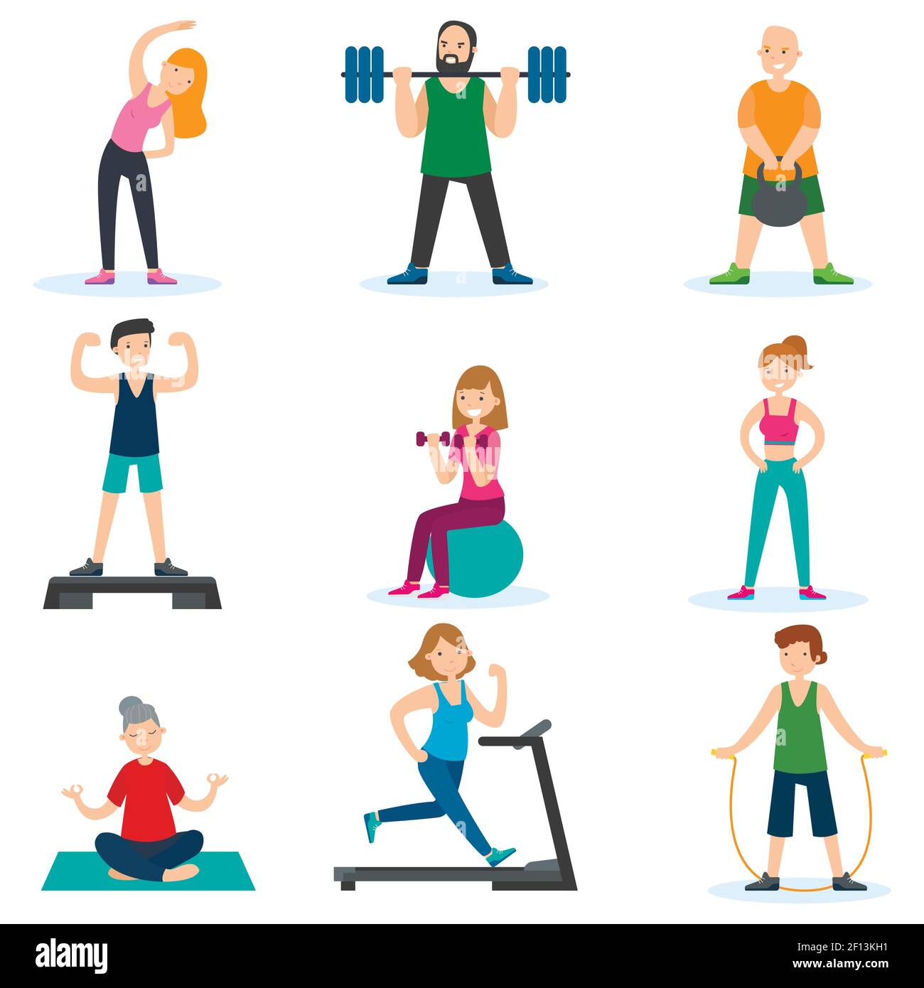 Workout people set with athletic training men and women doing