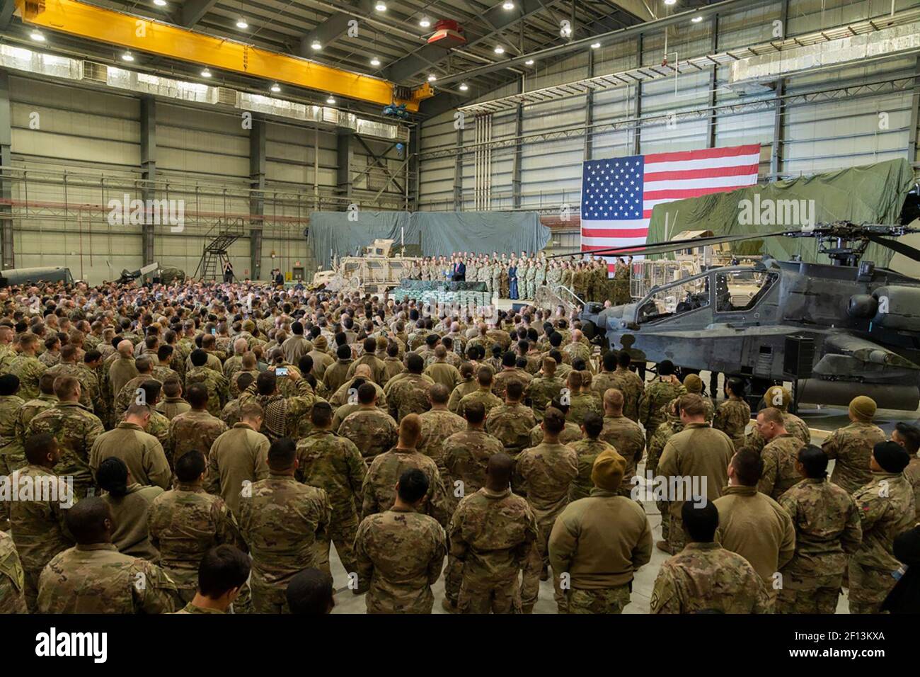 President Donald Trump address his remarks to US troops Thursday November 28 2019 at Bagram Airfield Afghanistan Stock Photo