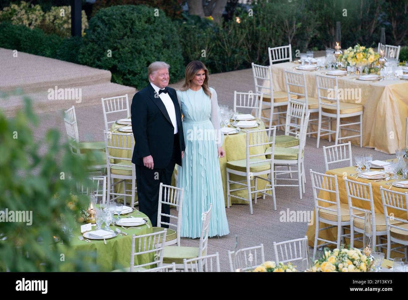 President Donald Trump and First Lady Melania Trump pose for a photo prior to the State Dinner in honor of the Australian Prime Minister Scott Morrison and his wife Mrs. Jenny Morrison Friday Sept. 20 2019 in the Rose Garden of the White House. Stock Photo