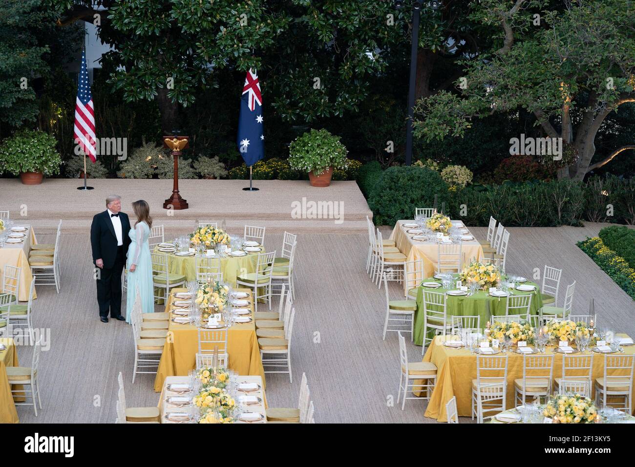 President Donald Trump and First Lady Melania Trump talk in the Rose Garden of the White House Friday Sept. 20 2019 prior to the State Dinner in honor of the Australian Prime Minister Scott Morrison and his wife Mrs. Jenny Morrison. Stock Photo