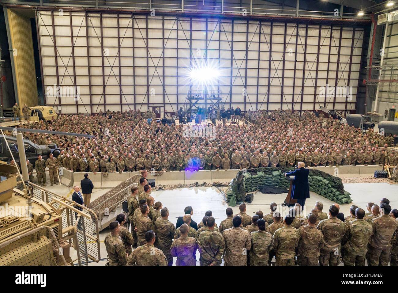 President Donald Trump address his remarks to US troops Thursday November 28 2019 at Bagram Airfield Afghanistan Stock Photo