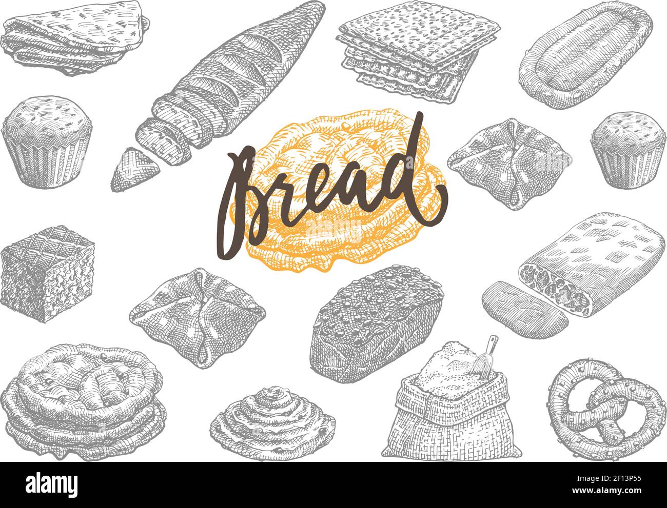 Hand drawn bread and pastries set with fresh bakery products and meals ...