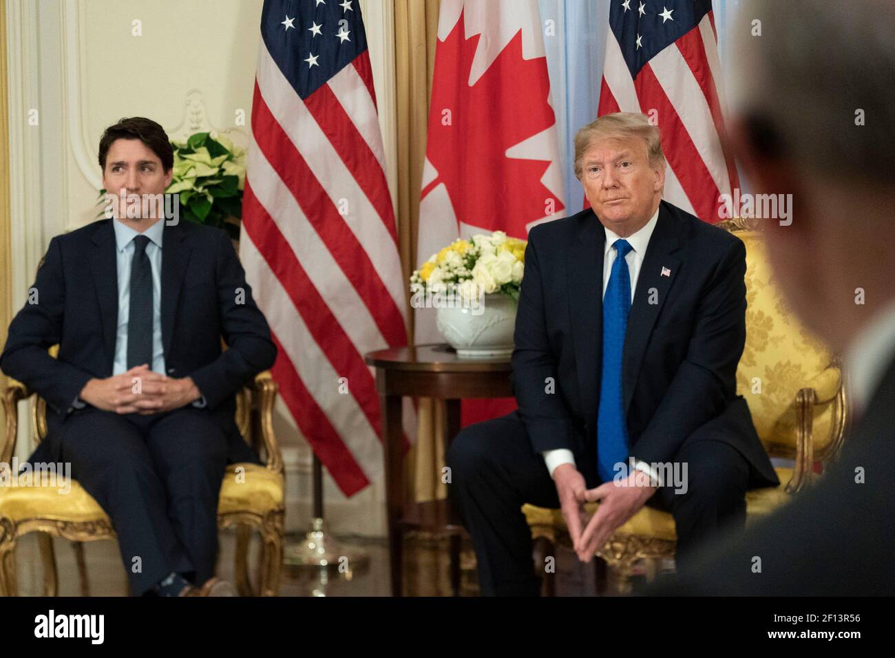 President Donald Trump participates in a bilateral meeting with Canadian Prime Minister Justin Trudeau Tuesday Dec. 3 2019 at Winfield House in London. Stock Photo