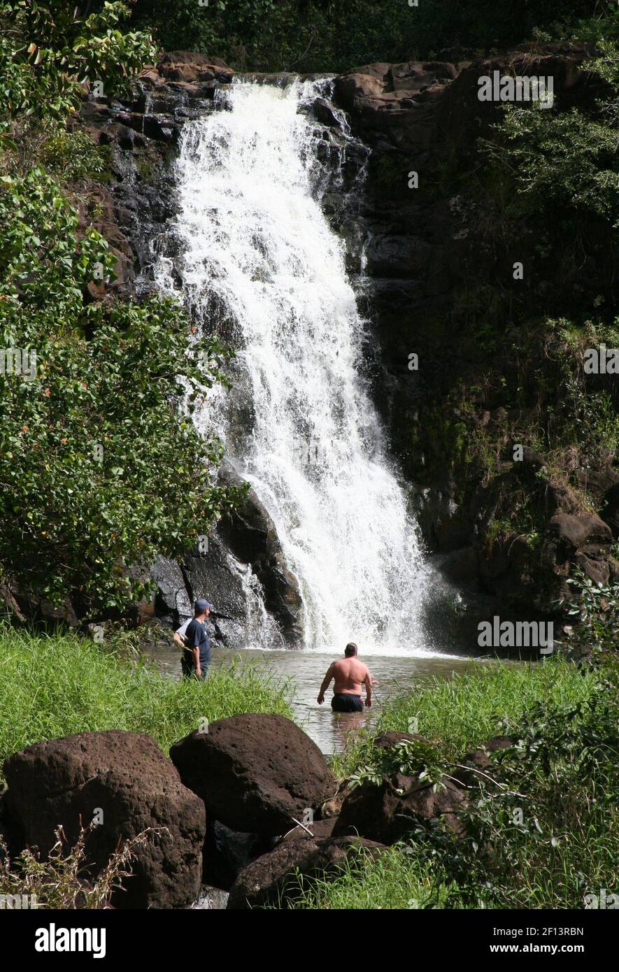 A waterfall rewards those who hike to the end of Waimea Valley, on Oahu