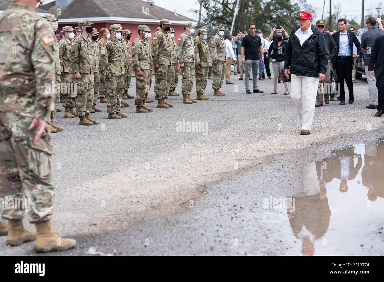President Donald Trump visits approximately 200 National Guard troops Saturday Aug 29 2020 at Cougar Stadium in Lake Charles La. during his visit to view damage caused by Hurricane Laura. Stock Photo