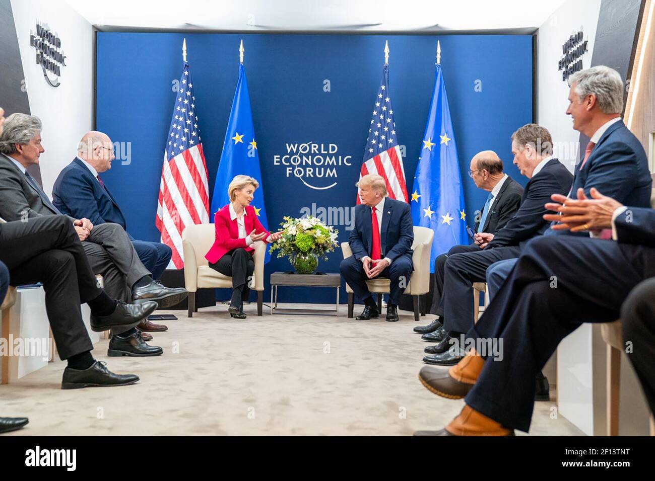 President Donald Trump joined by Secretary of Commerce Wilbur Ross United States Trade Representative Ambassador Robert Lighthizer and National Security Advisor Robert O'Brien meets with the President of the European Commission Ursula von der Leyen during the 50th Annual World Economic Forum meeting Tuesday Jan. 21 2020 at the Davos Congress Centre in Davos Switzerland. Stock Photo
