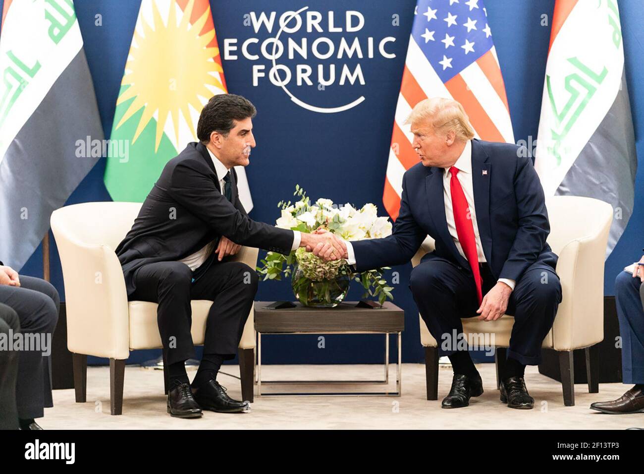 President Donald Trump meets with the President of the Kurdistan Regional Government Nechirvan Barzani Wednesday Jan. 22 2020 at the Davos Congress Centre in Davos Switzerland. Stock Photo