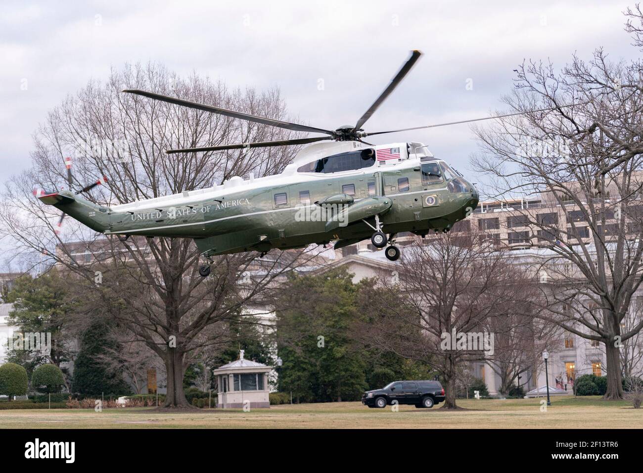 Marine One carrying President Donald Trump lifts-off from the South Lawn of the White House Tuesday Jan. 28 2020 on his way to Joint Base Andrews Md. to begin his trip to attend a rally in Wildwood N.J. Stock Photo