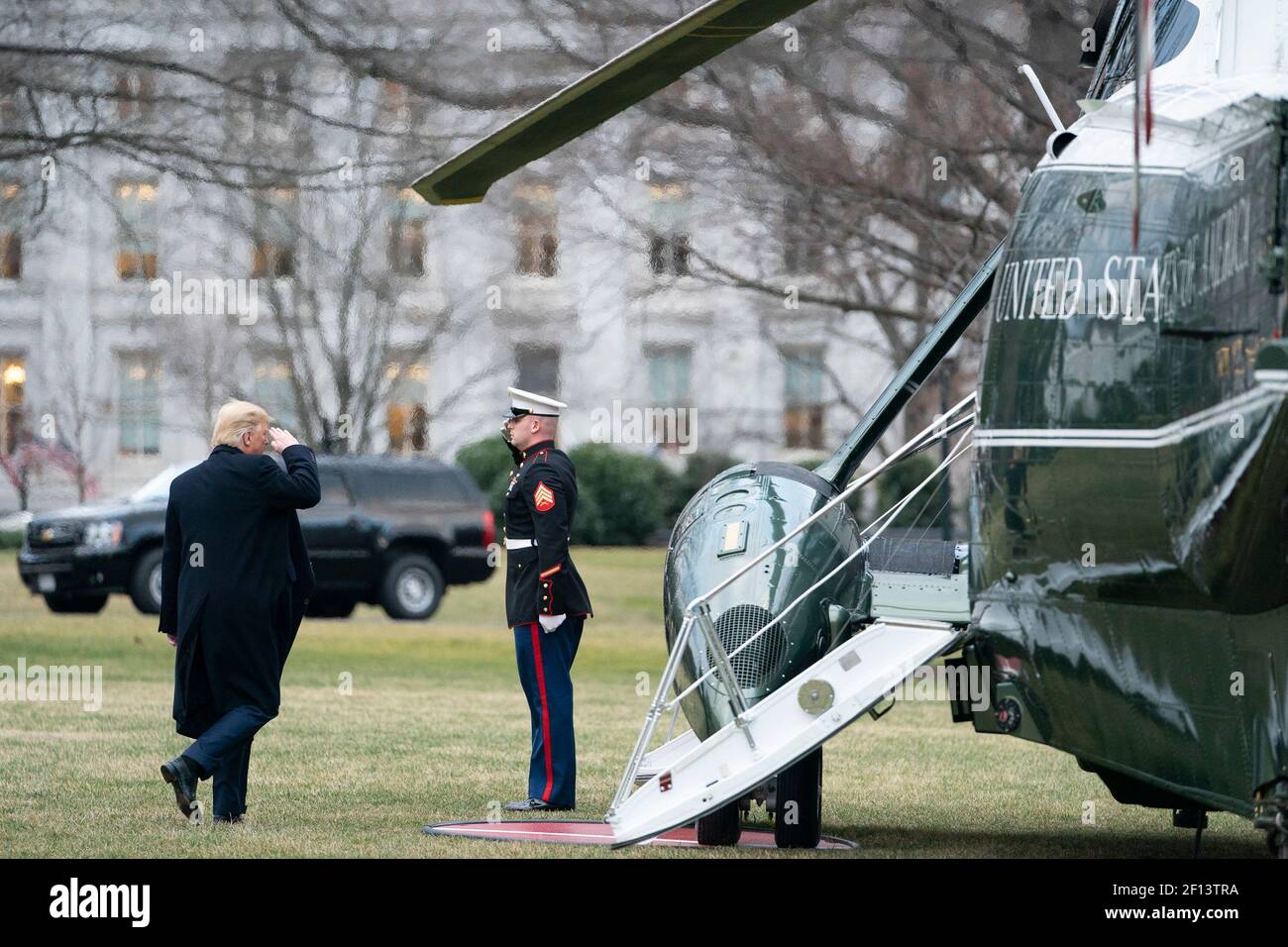 President Donald Trump salutes as he prepares to board Marine One on the South Lawn of the White House Tuesday Jan. 28 2020 to begin his trip to attend a rally in Wildwood N.J. Stock Photo