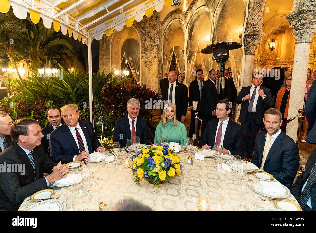 President Donald Trump hosts a working dinner for Brazil's President Jair Bolsonaro on Saturday evening March 7 2020 at Mar-a-Lago in Palm Beach Fla. Stock Photo