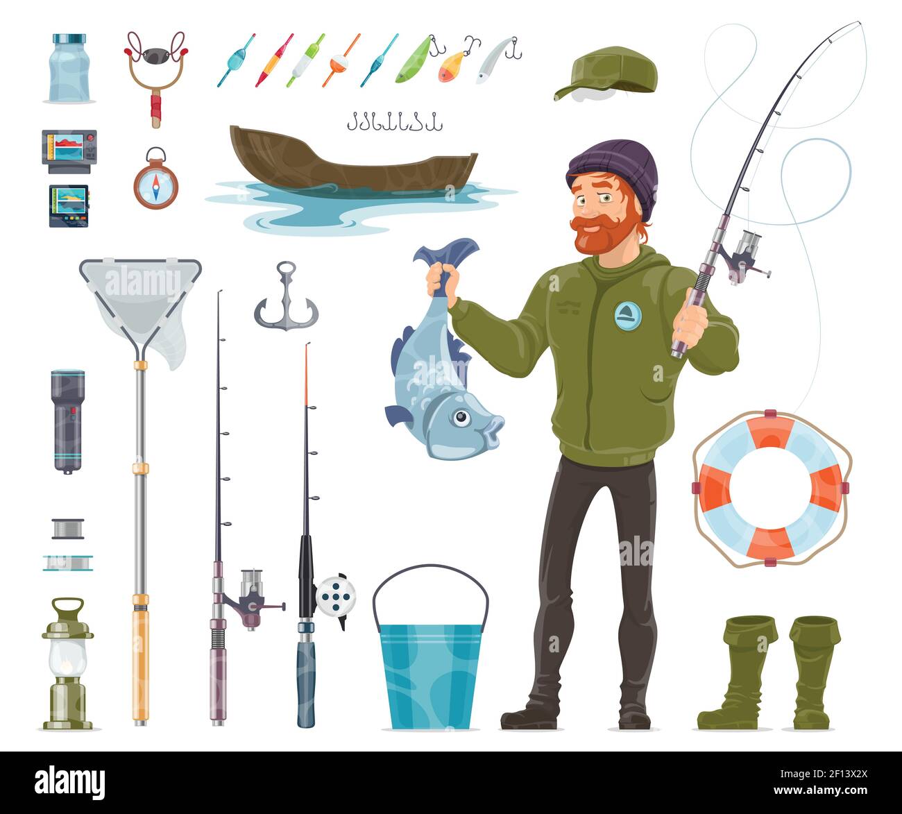 https://c8.alamy.com/comp/2F13X2X/fisherman-elements-set-with-fishing-rods-tackles-floats-baits-reels-bucket-compass-boat-anchor-lifebuoy-flashlight-gamepad-isolated-vector-illustratio-2F13X2X.jpg