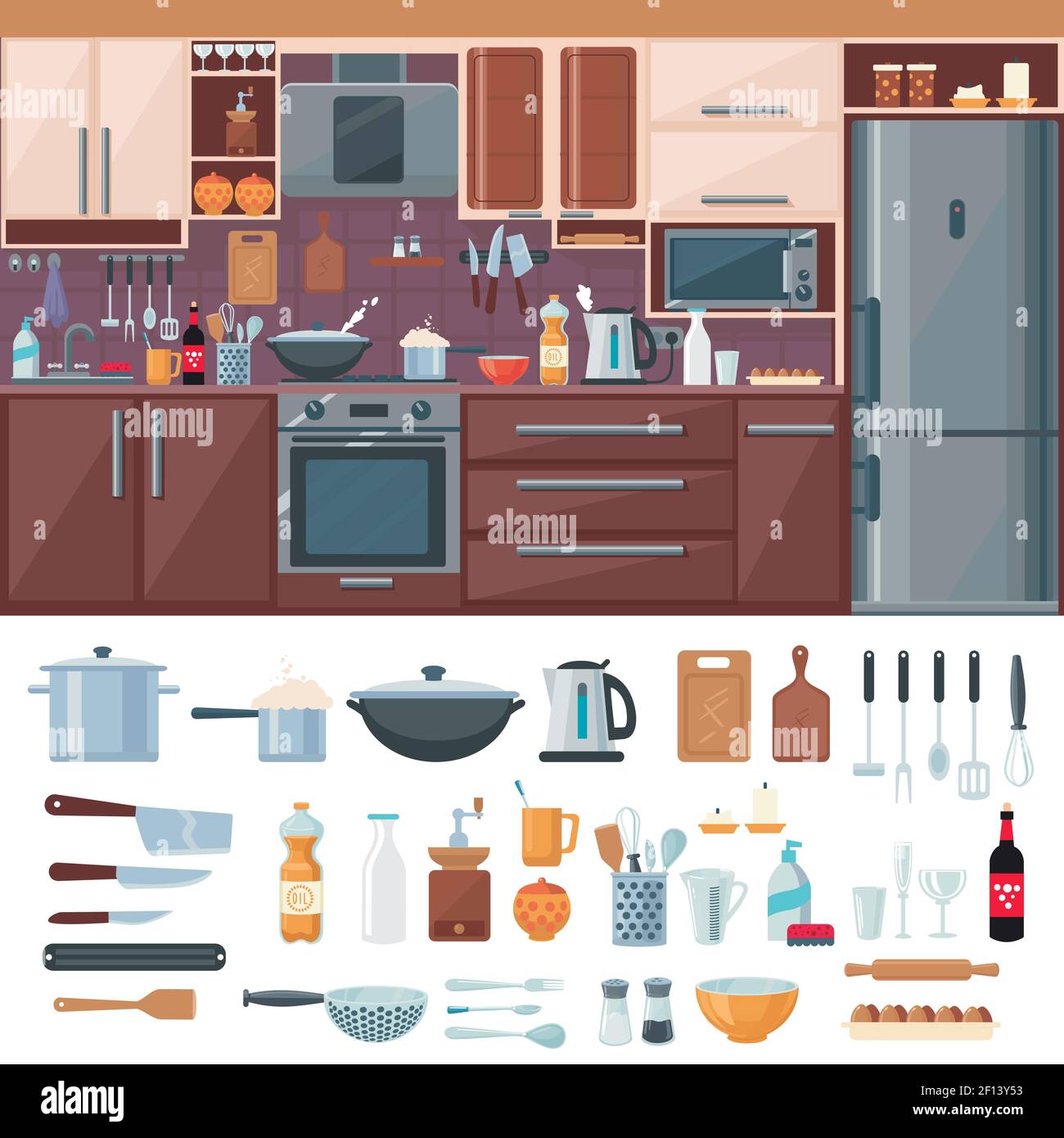 Kitchen interior elements set with refrigerator stove microwave shelves ...