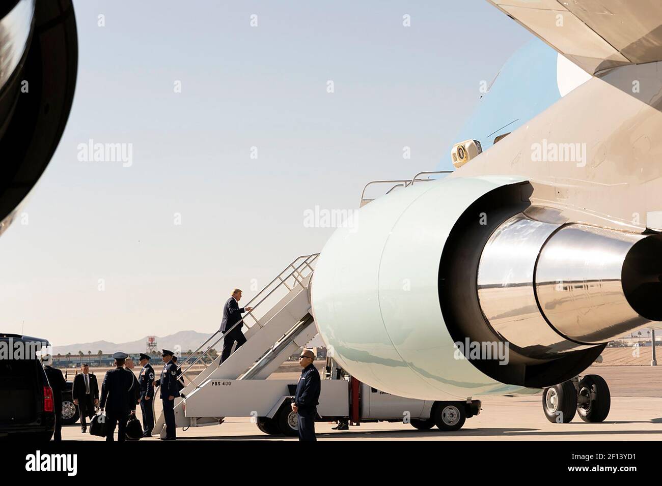 President Donald Trump boards Air Force One at McCarran International Airport in Las Vegas Wednesday Feb. 19 2020 en route to Palm Spring International Airport in Palm Springs Calif. Stock Photo