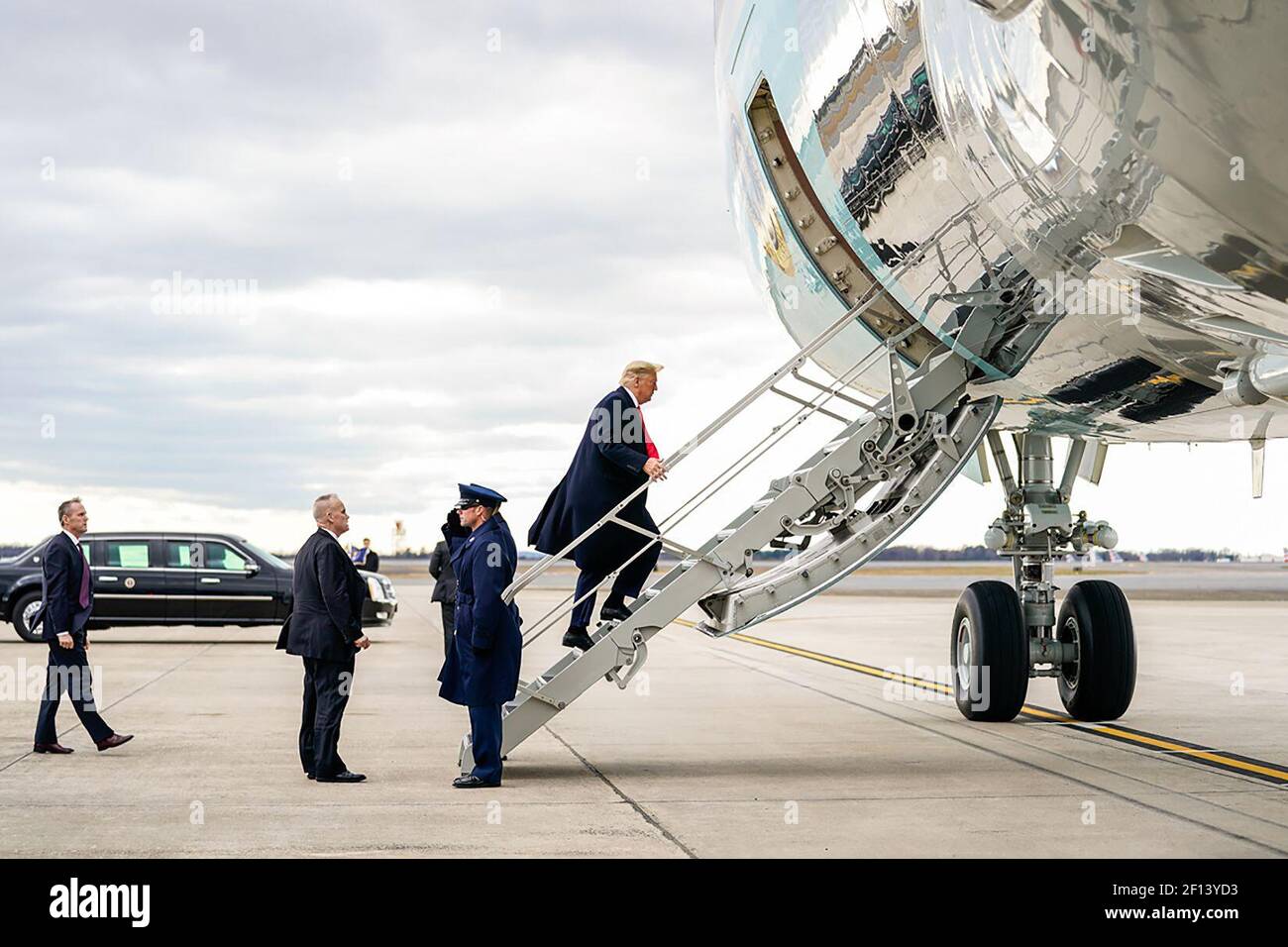 President Donald Trump boards Air Force One at the Charlotte Douglas International Airport Friday Feb. 7 2020 for his return to Washington D.C. Stock Photo