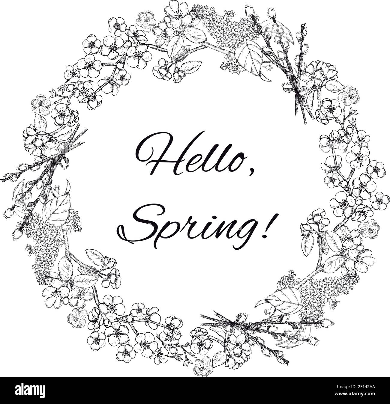 Wreath Inscription Hand drawn spring floral wreath template with greeting inscription ...