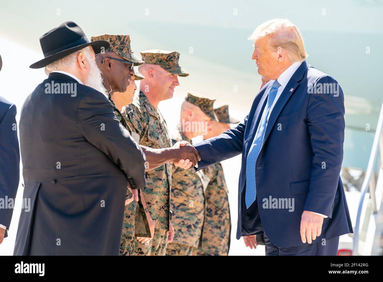 President Donald Trump joined by newly named White House National Security Advisor Robert C. O'Brien is greeted by military personnel and guests on his arrival to Marine Corps Air Station Miramar Wednesday Sept. 18 2019 in San Diego Calif. Stock Photo