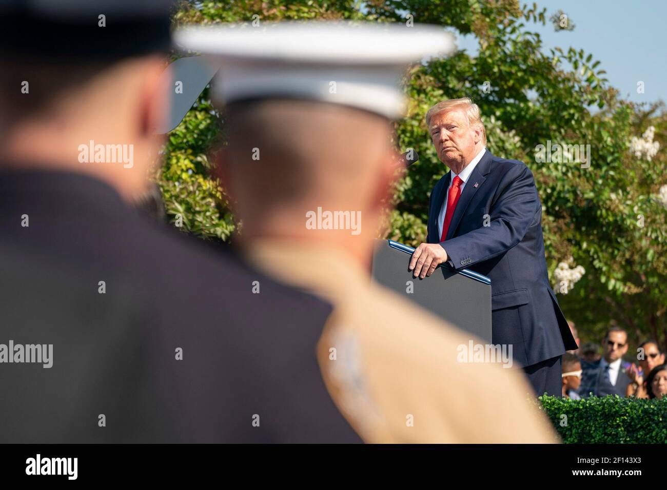 President Donald Trump delivers remarks at a September 11th Pentagon Observance Ceremony Wednesday Sep.11 2019 at the Pentagon in Arlington Va. Stock Photo