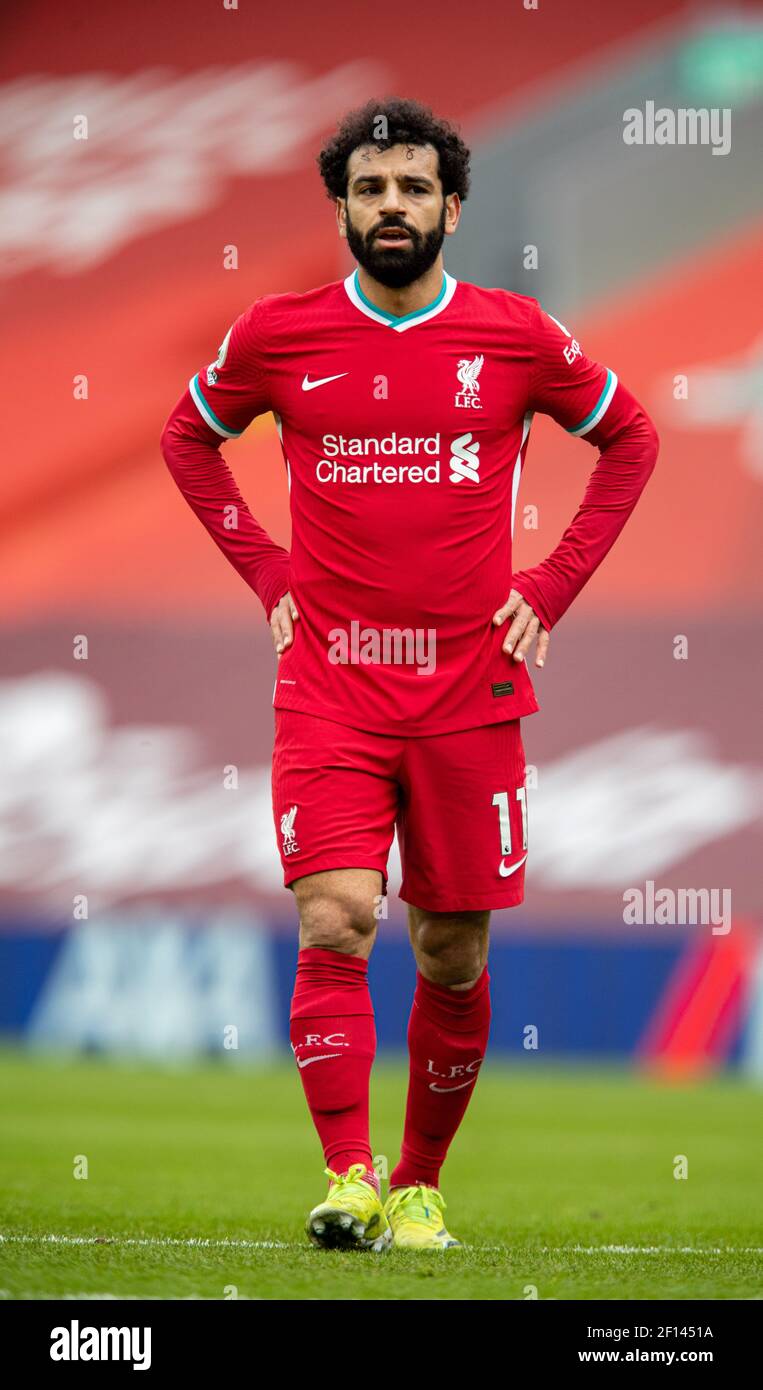 Liverpool. 7th Mar, 2021. Liverpool's Mohamed Salah looks dejected during  the Premier League football match between Liverpool and Fulham at Anfield  in Liverpool, Britain, on March 7, 2021. Credit: Xinhua/Alamy Live News