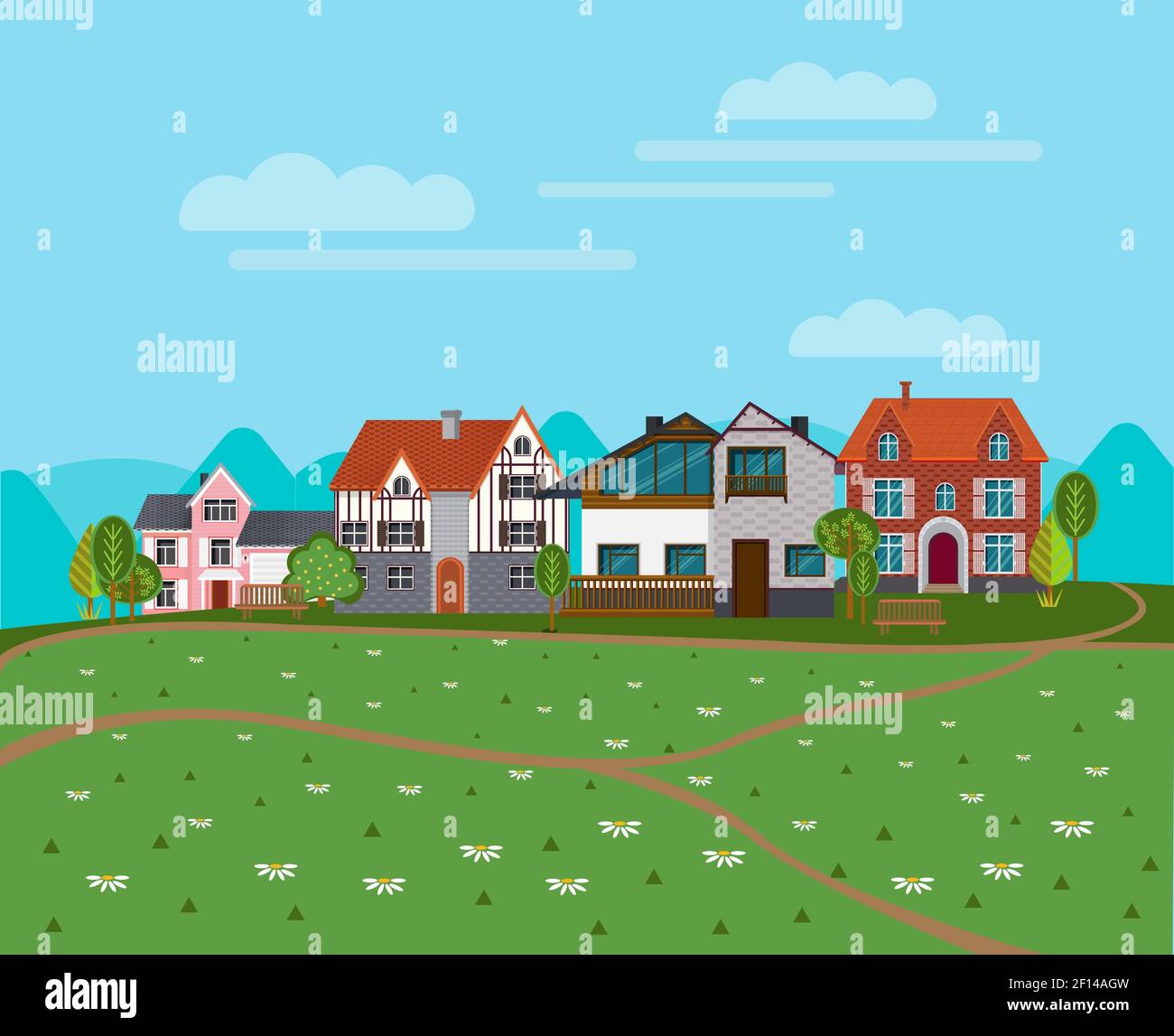 Summer rural landscape background with cottages suburban houses green trees and chamomile flowers vector illustration Stock Vector