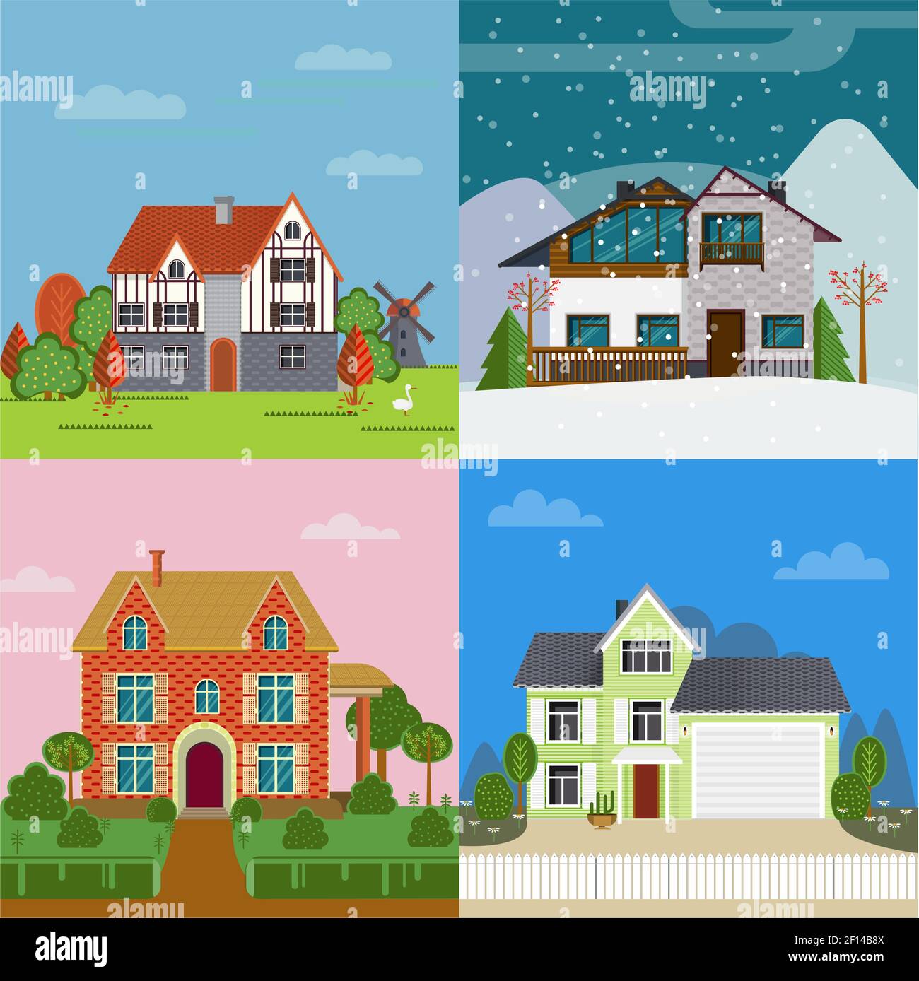 Colorful suburban cottages flat concept of different architecture and construction in various seasons vector illustration Stock Vector