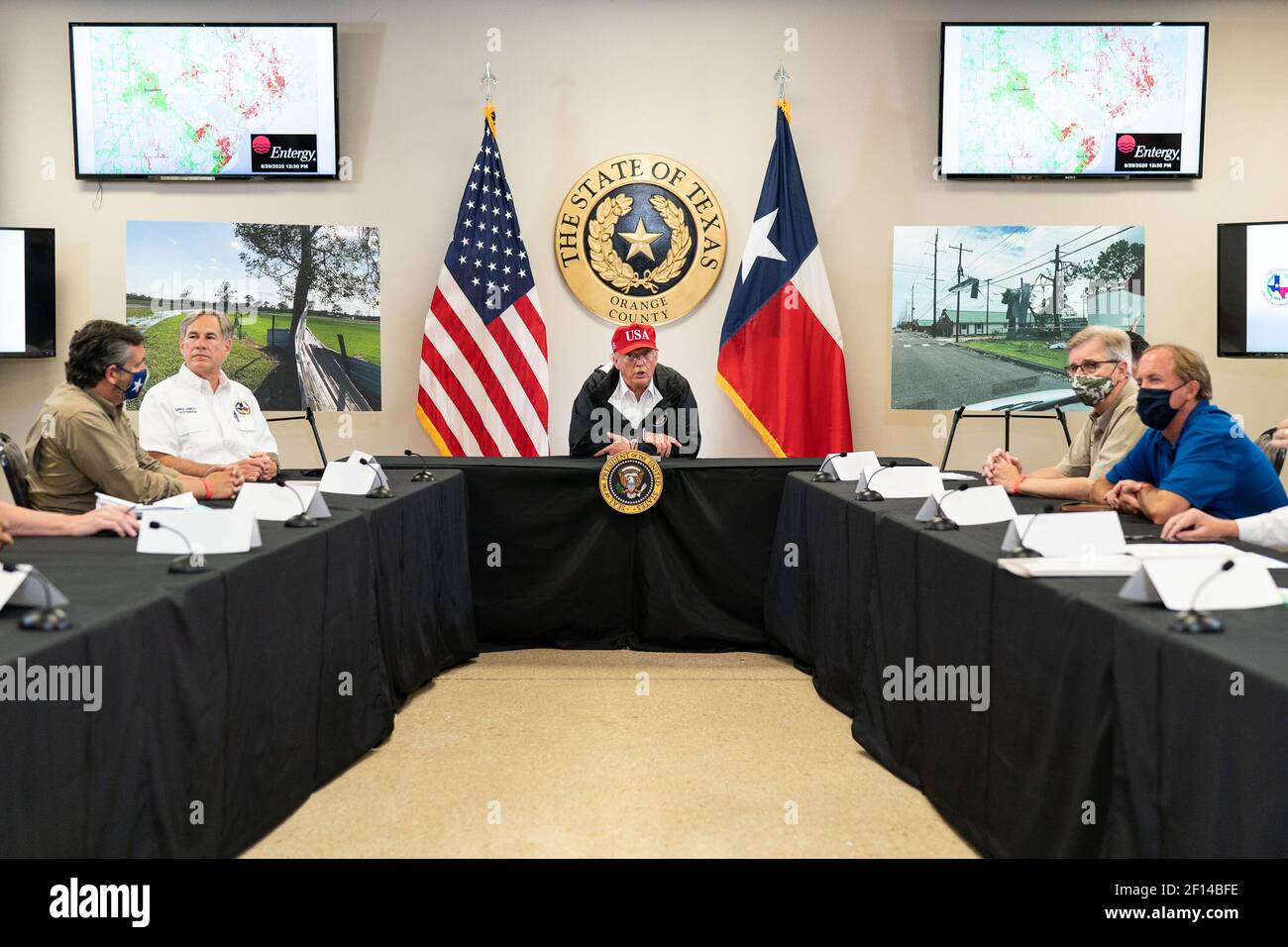 President Donald Trump participates in an emergency operations center briefing at the Orange County Convention and Expo Center in Orange Texas Saturday Aug 29 2020 as part of President Trump's visit to areas impacted by Hurricane Laura. Stock Photo