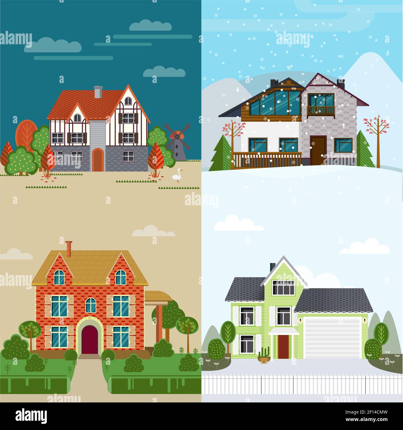 Flat rent houses concept with various exterior and architecture in different seasons vector illustration Stock Vector