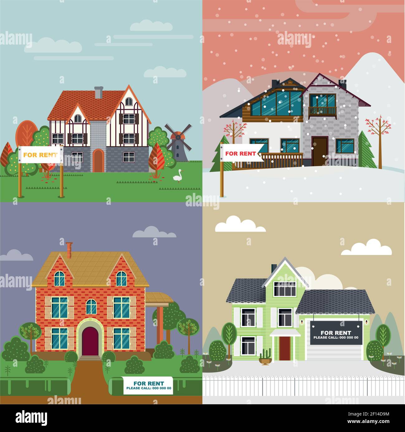 Colorful villas and cottages flat set for rent with different architecture and exterior vector illustration Stock Vector