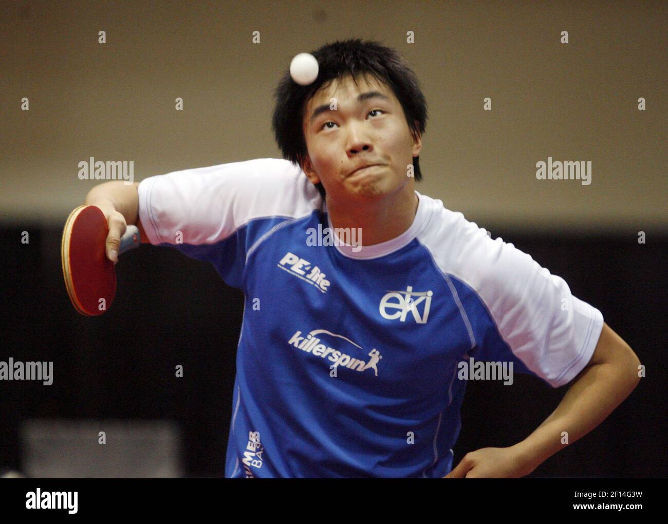 Adam Hugh returns a volley to Yu Shao during the Men's U.S. Olympic Table  Tennis Trials at the Daskalakas Center in Philadelphia, Pennsylvania,  Sunday, January 13, 2008. (Photo by Charles Fox/Philadelphia  Inquirer/MCT/Sipa