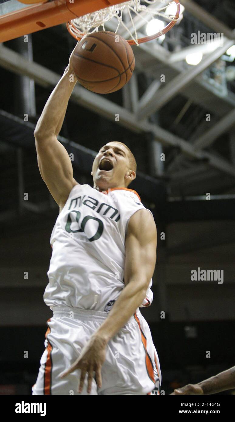 Miami forward Jimmy Graham (00) dunks the ball in first half action against  Georgia Tech. The Hurricanes defeated the Yellow Jackets 78-68, at the  BankUnited Center in Miami, Florida, on Saturday, January