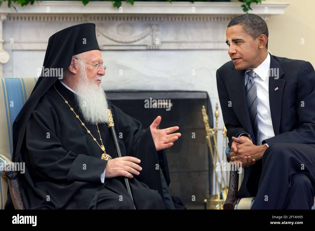 President Barack Obama meets with His All Holiness Ecumenical Patriarch Bartholomew in the Oval Office, Nov. 3, 2009 Stock Photo