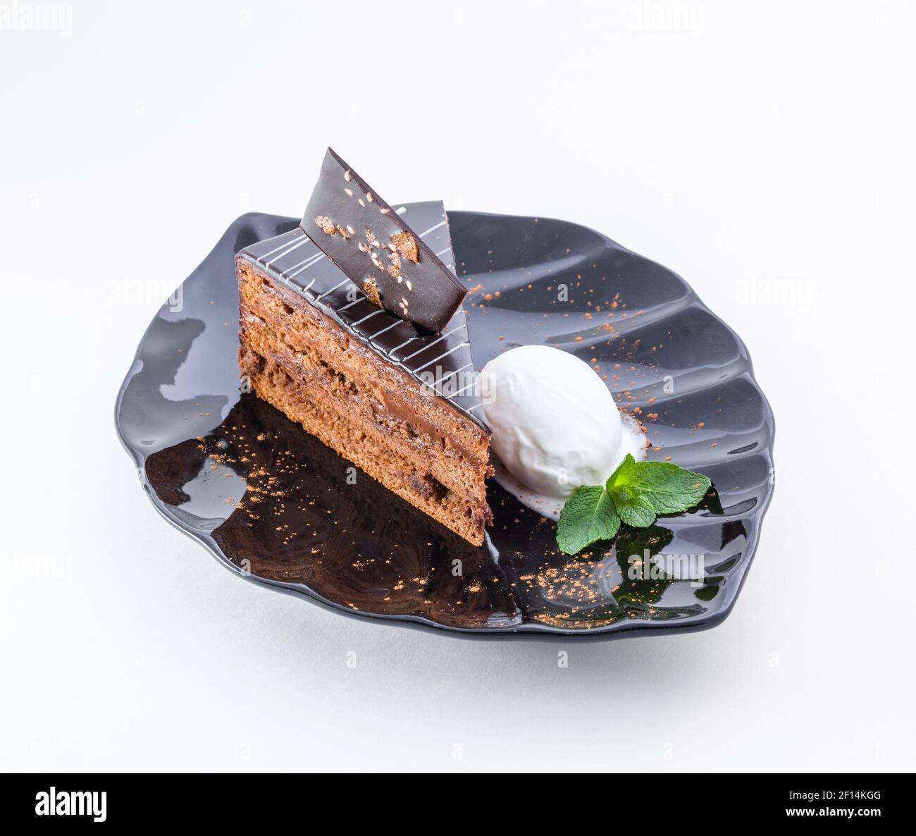Piece of chocolate cake with ice cream and mint Stock Photo