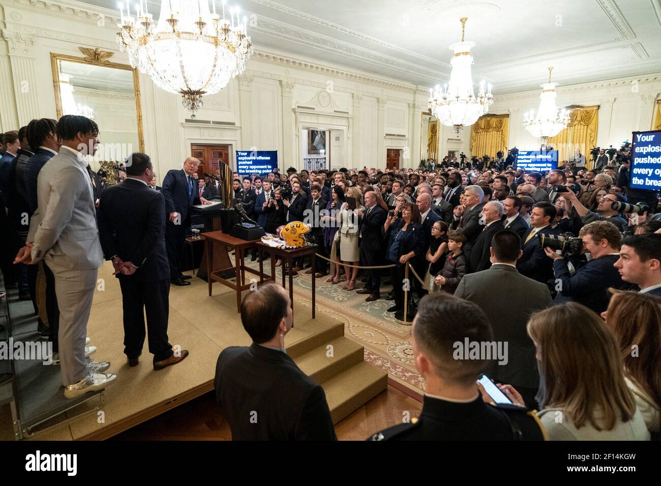 President Donald Trump celebrates the 2019 College Football National Champions the Louisiana State University LSU Tigers Friday Jan. 17 2020 in the East Room of the White House. Stock Photo