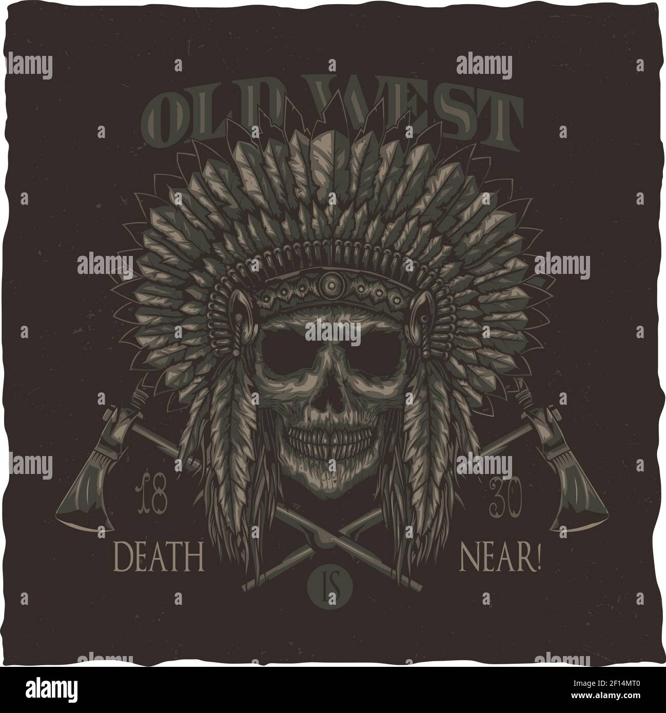 American Indian Chief Skull With Tomahawk. T-shirt label design. Hand ...