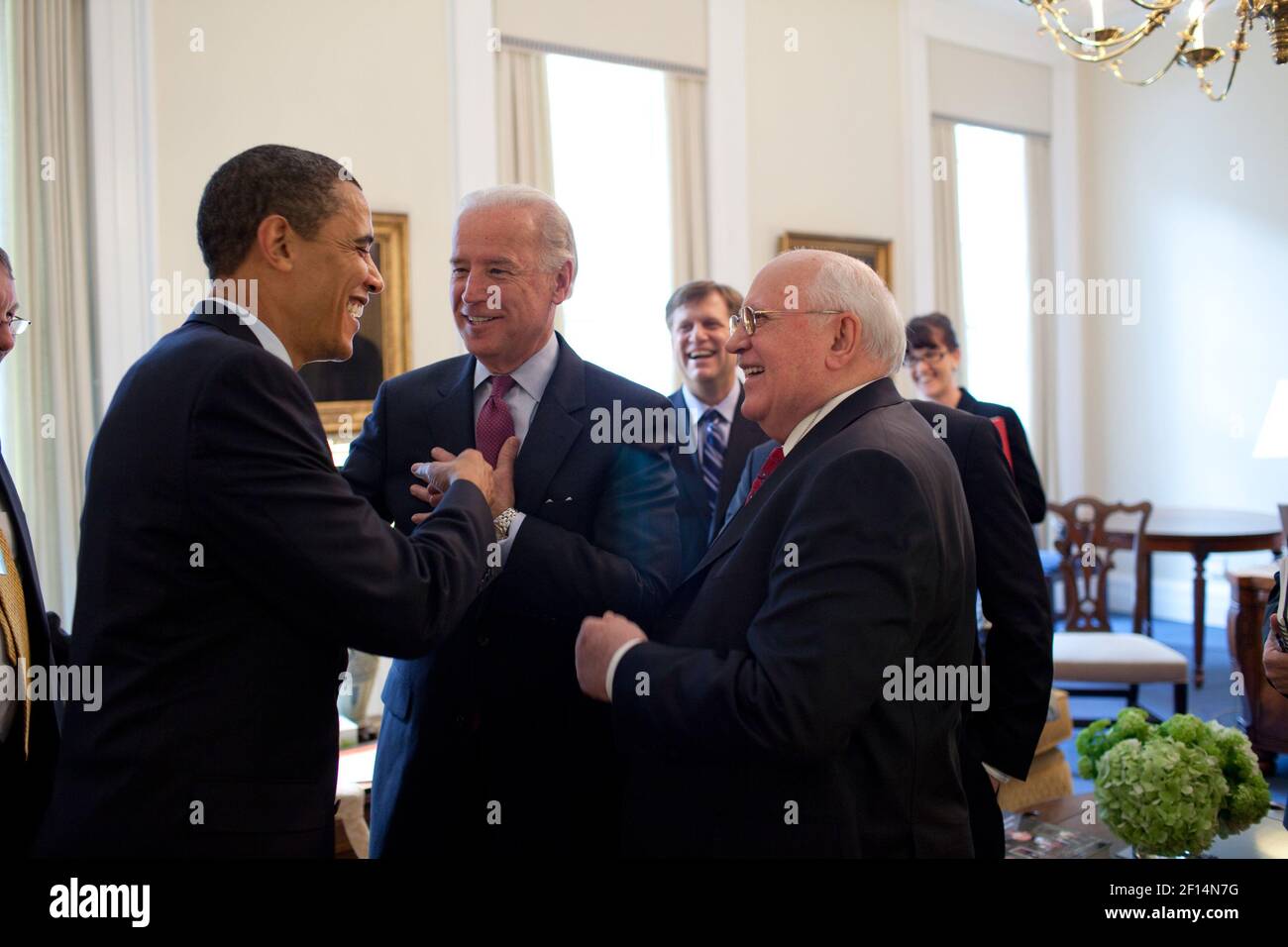 President Barack Obama drops by VP Joe Biden's meeting with former  Soviet Union President Mikhail Gorbachev in the Vice President's Office West Wing 3/20/09. Stock Photo