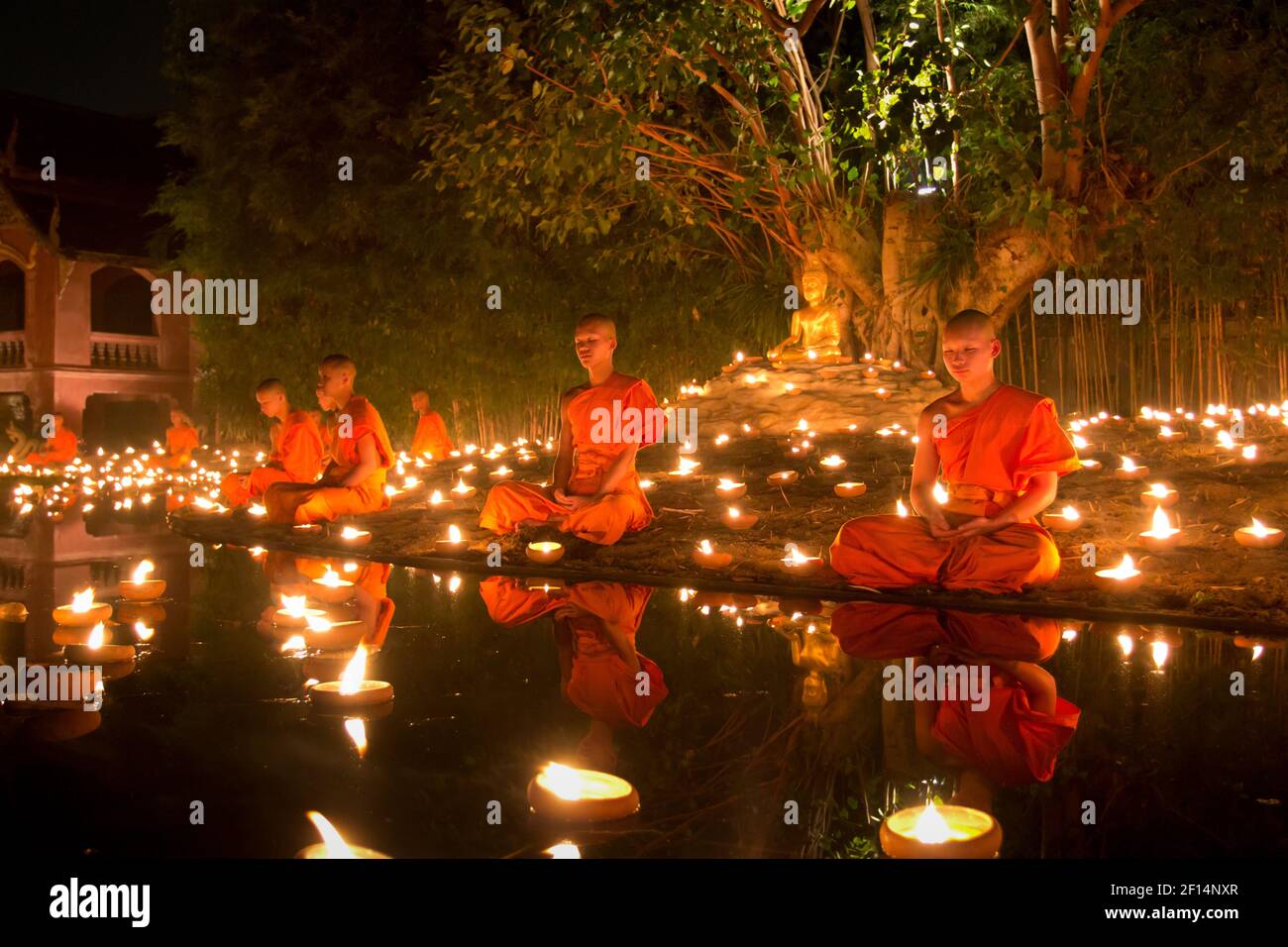 Monk do meditation in Makha bucha and Visakha bucha day, chiang mai, thailand. Stock Photo