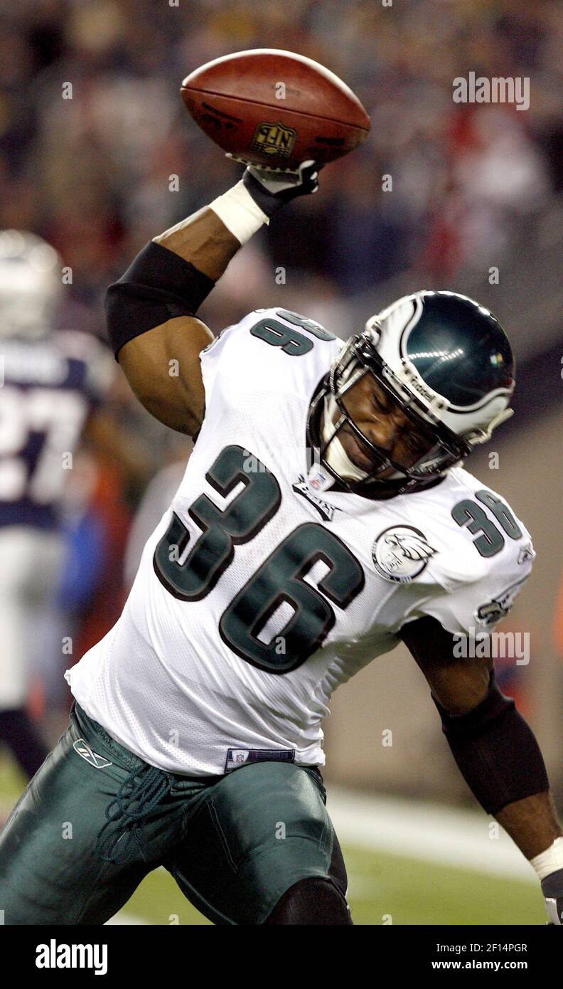 Philadelphia Eagles running back Brian Westbrook celebrates his first  quarter touchdown against the New England at Gillette Stadium in  Foxborough, Massachusetts on Sunday, November 25, 2007. (Photo by Ron  Cortes/Philadelphia Inquirer/MCT/Sipa USA